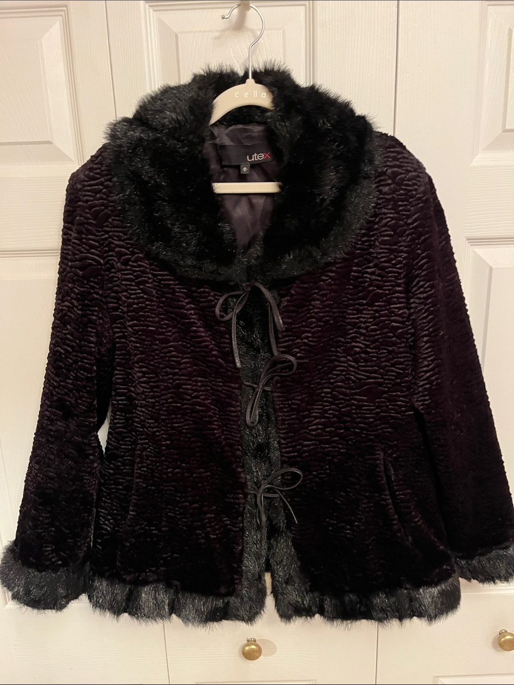 Utex Women's Dark Plum Teddy Jacket with Black Faux-Fur Trim